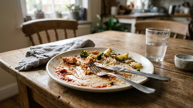 Dirty plate on wooden table.