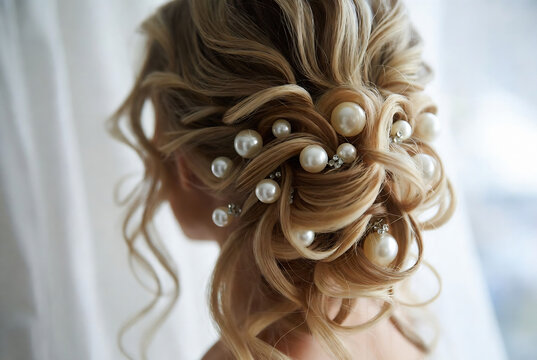 A bride&rsquo;s updo hairstyle adorned with pearls is being photographed. The setting appears to be a wedding venue, likely a bridal suite.