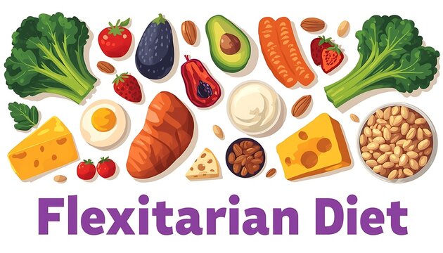 A colorful illustration of various foods for a flexitarian diet plan