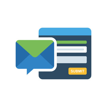 Email marketing concept with blue envelope speech bubble and web form with submit button internet promotion message delivery newsletter service vector.