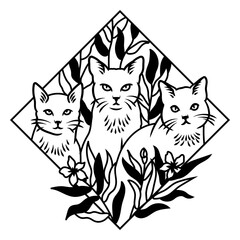 Elegant cat trio illustration with botanical elements © Vexels