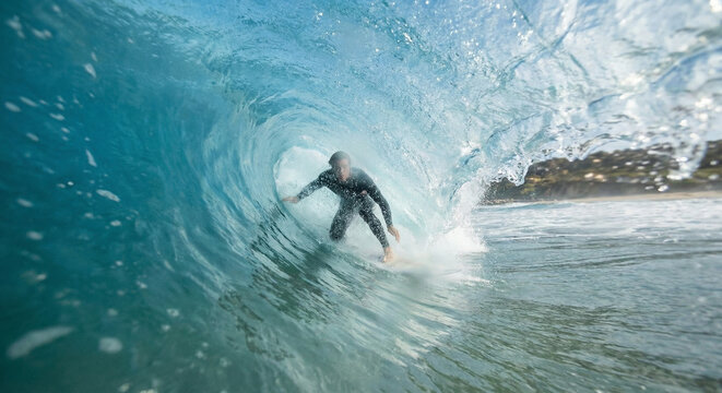 uma foto de dentro d&aacute;gua de um surfista pegando um tubo