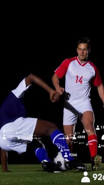 Vertical video: Player14 dribbling on pitch after slide, keeping ball, helping rival, HUD near feet