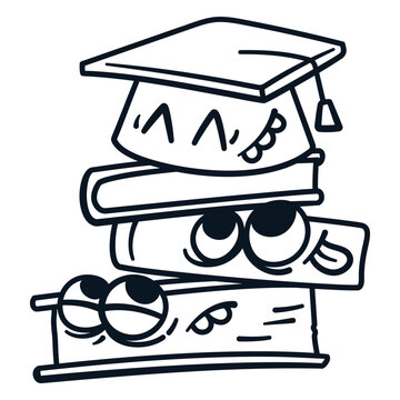 Black and white drawing of a graduation cap on a stack of books