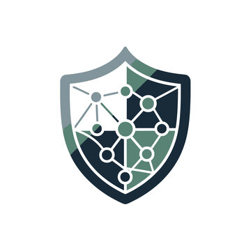 A modern shield logo with a network design on a white background