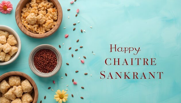 Happy Chaitre Sankrant greeting background with bowls of traditional grains and seeds on light blue textured background