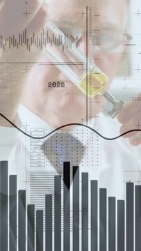 Vertical video: Senior scientist pipetting sample sparking charts animating tracking lab results