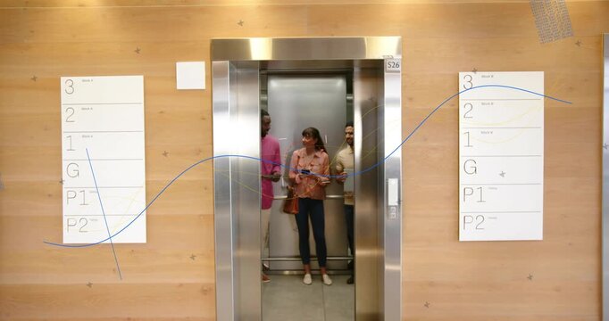 Team entering elevator as doors opening phone alert floor signs animating heading to office meeting