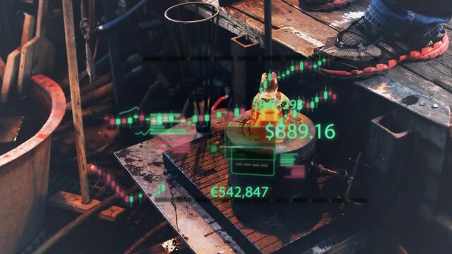 Foundry worker lowering crucible on rod molten metal flowing into mold to cast finance HUD updating