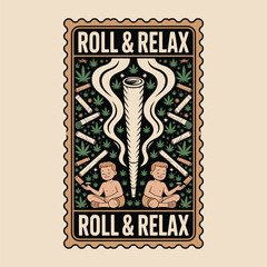 Obraz premium Vintage style 'roll relax' stamp with cannabis imagery and cherubic figures t shirt design
