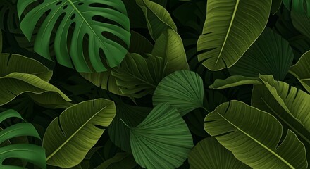 Fototapeta premium Lush Tropical Green Leaves Seamless Pattern Background. Exotic Jungle Foliage Botanical Design with Monstera and Banana Palm Leaves.