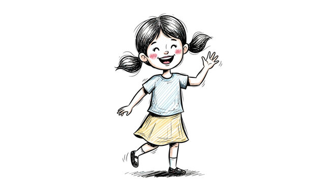Happy little girl with pigtails waving hello, hand-drawn sketch style