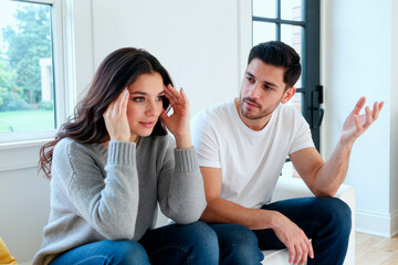 Obraz premium Caucasian young couple discussing relationship conflict, woman holding temples while man gesturing during serious conversation. Useful for counseling, stress, communication, mental health marketing