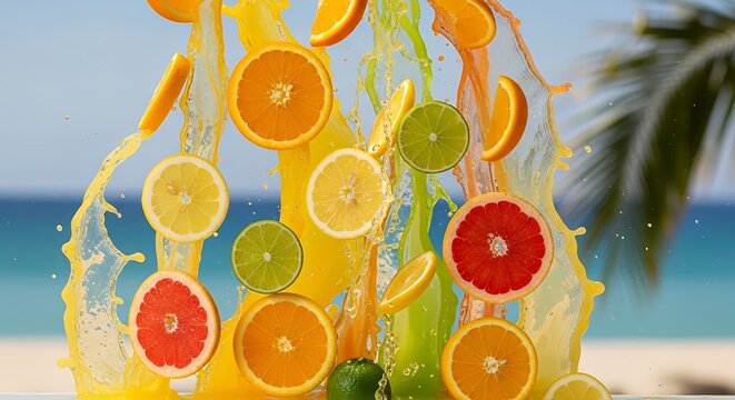 Fresh fruit slices on beach.