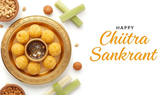 Happy Chiitra Sankrant festive background with traditional yellow sweets on golden plate sugarcane and grains on white