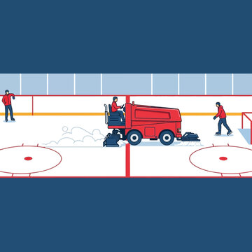 Ice Rink Maintenance With Zamboni and Skaters Preparing for Hockey Game