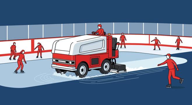 Ice Rink Maintenance Zamboni Cleaning And Skaters Enjoying The Frozen Surface