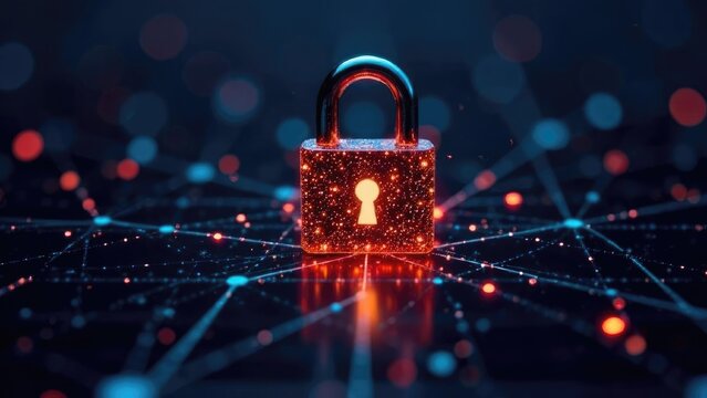 Protective digital lock with glowing keyhole on board with electronic components. Symbolic representation of cybersecurity with color status indication