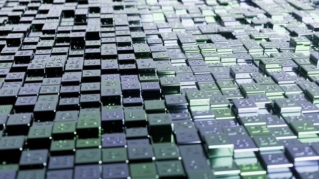 3d rendered image of a collection of metallic cubes, each with an 8 bit hexadecimal number imprint.  Could be used to represent memory or any generic computing memory.
