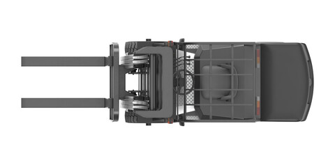 Top view of a modern industrial forklift truck with extended forks on a white background © changnam37
