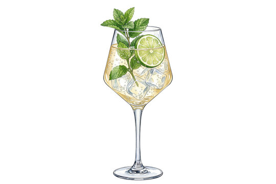 isolated watercolor illustration of a hugo or lime spritz cocktail with mint in a wine glass on transparent background