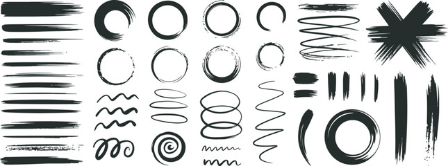 Obraz premium Highlighter underline marker lines realistic round stroke set hand drawn grunge brushstroke collection isolated vector paint cross strokes design elements