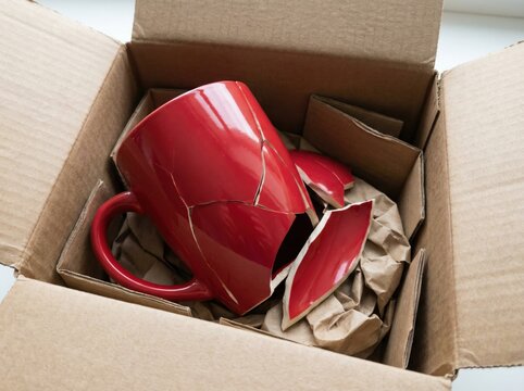 Broken red ceramic mug inside cardboard shipping box with packing paper, symbolizing damaged delivery, fragile goods and logistics issues. Shipping problem concept