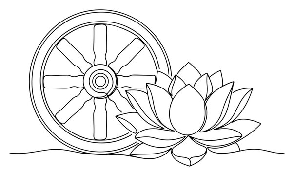 Dharma wheel and blooming lotus flower spiritual symbols in continuous line art style