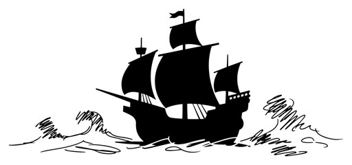 Sailing ship vessel on ocean waves in nautical silhouette sketch style © Cristiano