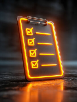 Glowing neon checklist on a clipboard with illuminated checkmarks symbolizing completed tasks on a reflective surface in a dark atmospheric setting