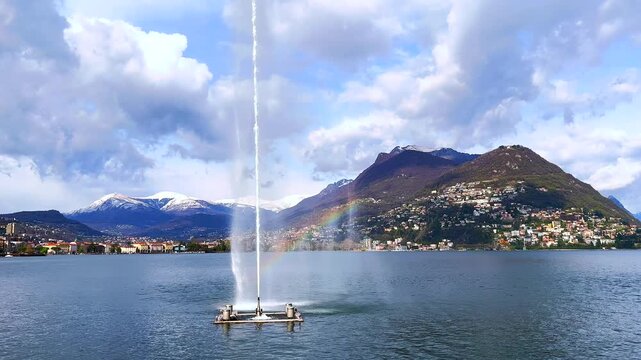 Getto d'Acqua fountain against Monte Bre, Lugano, Switzerland
