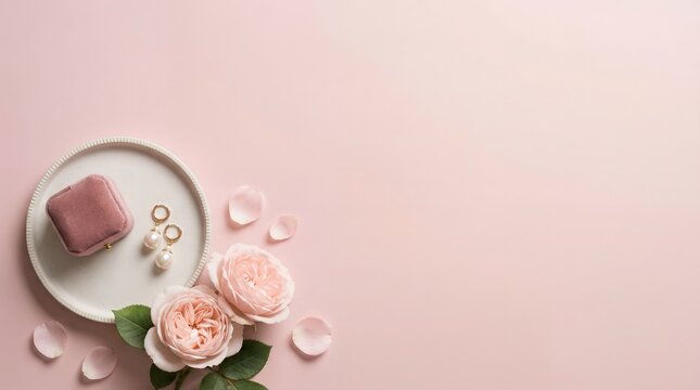 Pink roses pearl earrings and jewelry box on mother's day backgrond with copy space white plate with copy space