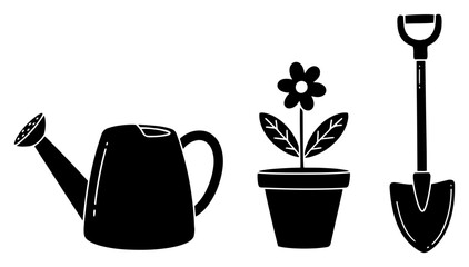Gardening icons featuring watering can flower pot and shovel in simple line art style © Cristiano