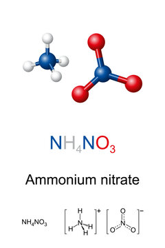Ammonium nitrate, chemical formula and molecular structure. Chemical compound with the formula NH4NO3, a salt of ions of ammonium and nitrate, used in agriculture as high-nitrogen fertilizer. Vector