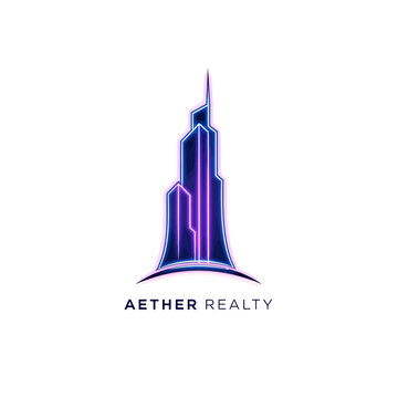 Aether Realty logo with purple skyscraper.
