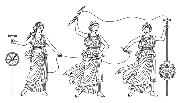 Moirai the three fates of Greek mythology spinning the thread of life in classical line art style