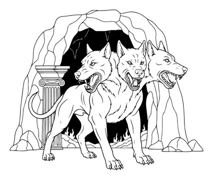 Cerberus three headed dog guardian at cave entrance in detailed line art style