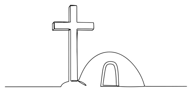 Christian cross and empty tomb silhouette in minimalist continuous line art style
