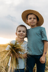 two boys in a field of rye, straw hat, farming © Victoria