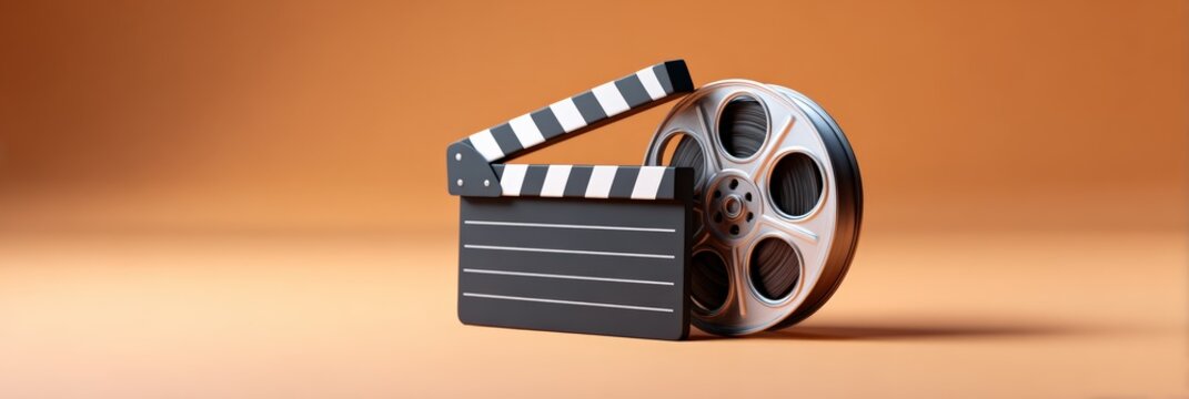 Clapperboard and film reel on a warm background symbolizing filmmaking, movie production, cinema career, directing, editing and the film industry in studio or creative concept visuals