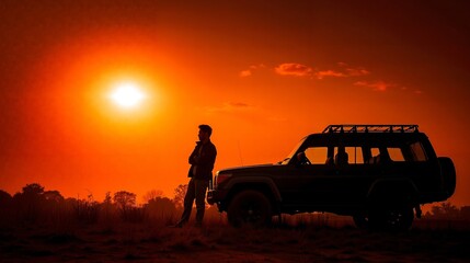 Fototapeta premium A man standing next to a car in the desert at sunset
