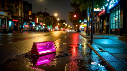 Obraz premium A pink light box sitting on the side of a city street at night