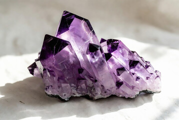 Fototapeta premium A cluster of amethyst crystals rests on a white surface, illuminated by light.