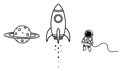 Space exploration symbols with rocket ship planet and astronaut in hand drawn line art style © Cristiano