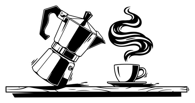 Moka pot and steaming coffee cup on counter in bold graphic ink style
