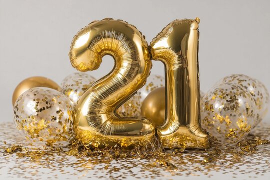 Celebration for turning 21 with gold balloons and confetti scattered on the table