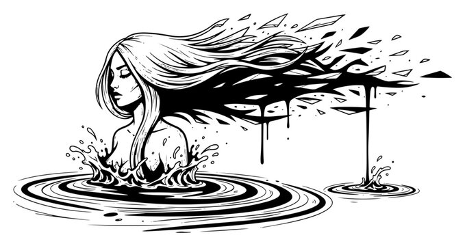 Woman emerging from liquid with hair shattering into shards in surreal ink style