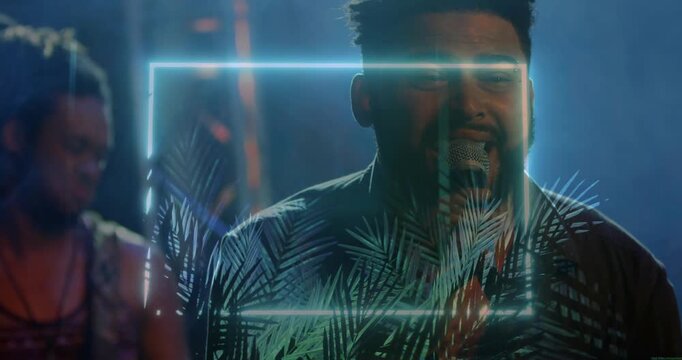 Singer singing into mic onstage, causing neon frame and palm overlay growth enhancing concert glow