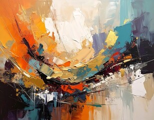 Obraz premium A vibrant abstract painting bursts with energetic brushstrokes in fiery oranges, blues, golds, and whites, showcasing a dynamic interplay of color