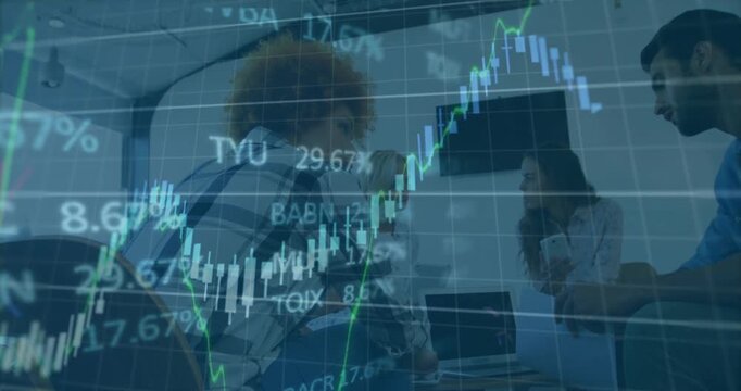 Team swapping papers and pointing causing market charts rising peaking falling while reviewing data